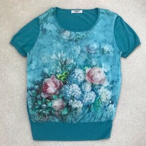 Like New! Silk Floral Watercolor Knit Top with Ribbed Hem - Size S